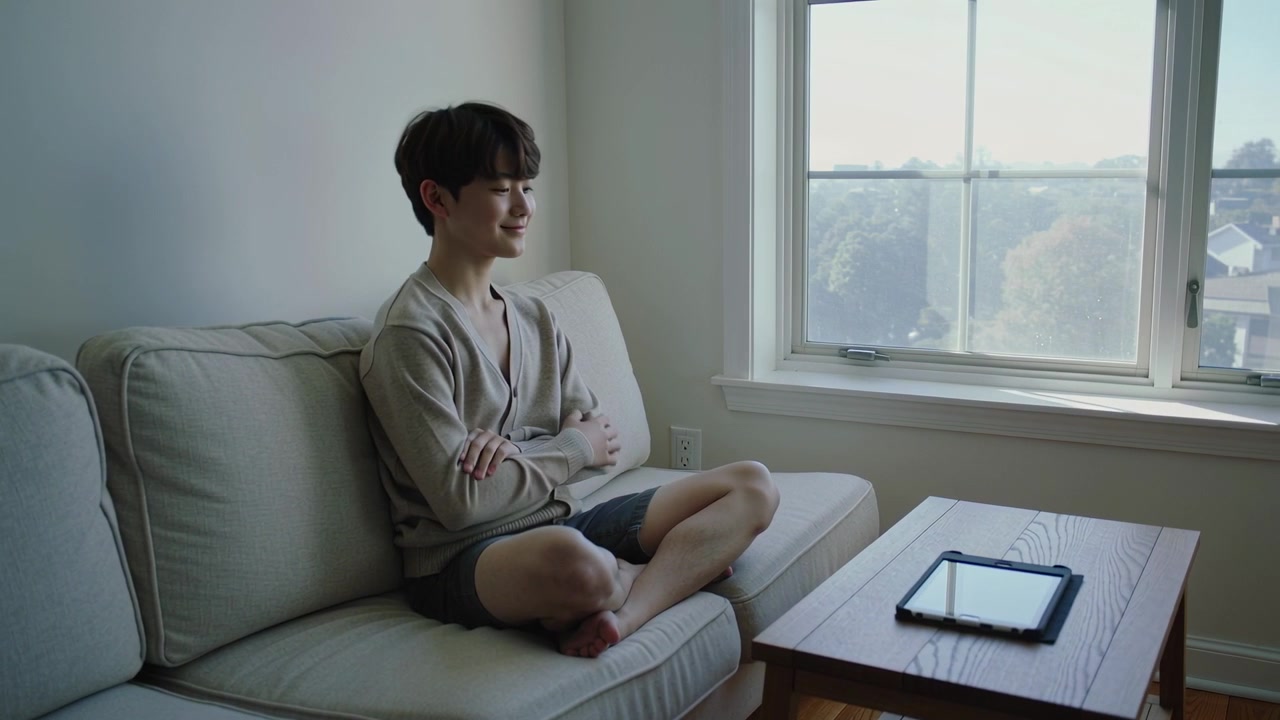Shifting man in cardigan, dark shorts turning gaze between tablet and window at home, coffee table