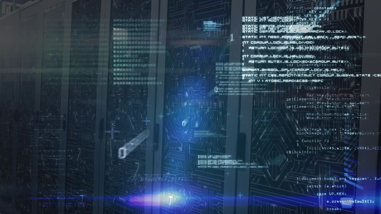 Blue glow appearing amid racks, data elements floating outward dissolving visualizing data flow