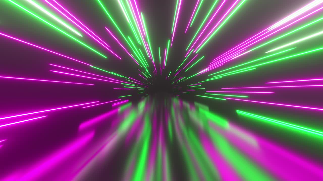 Flying in space with luminous neon lines. Hyperspace. Modern spectrum of light. Green purple color. Seamless loop 3d render