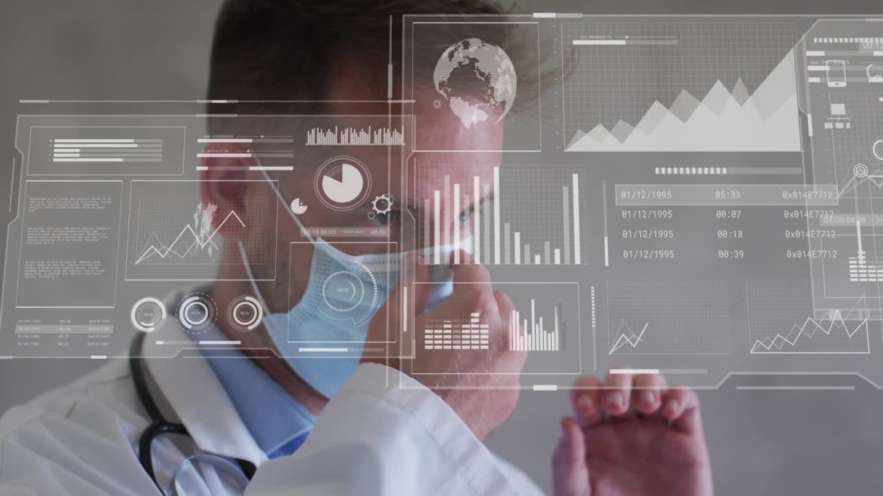 Doctor reaching for mask straps and donning surgical mask while monitoring medical holographic data