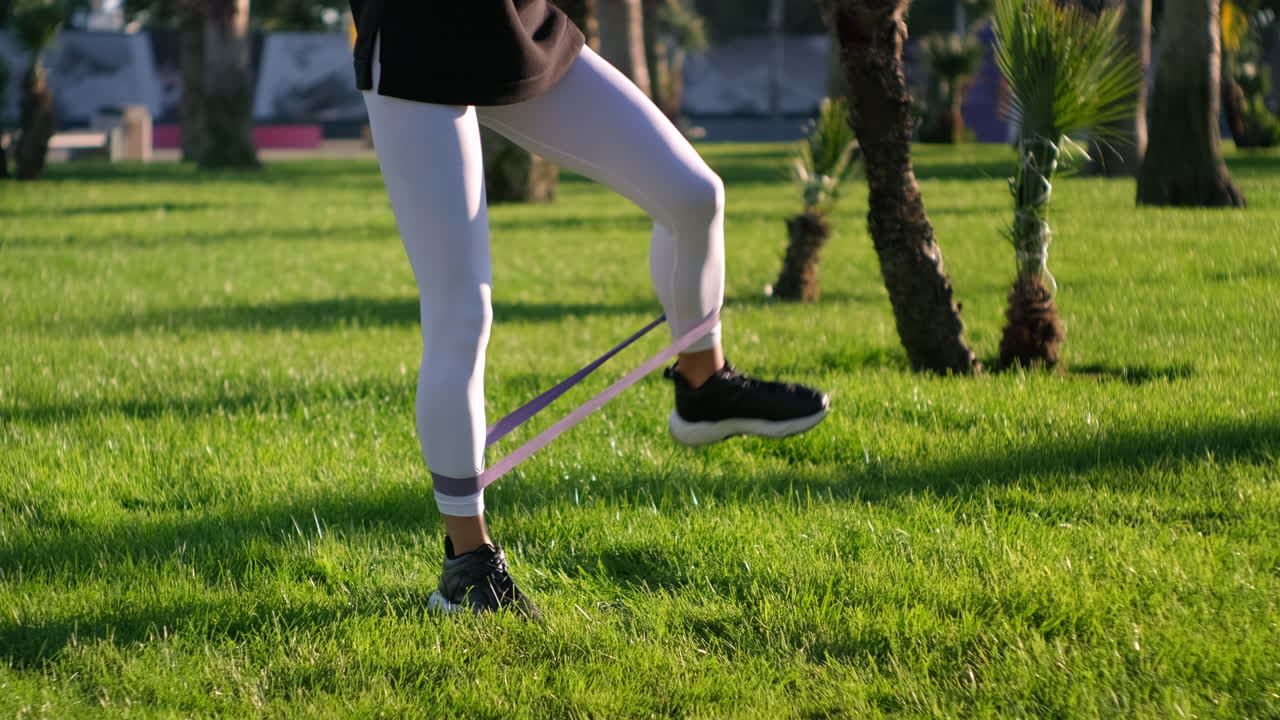 공원에서 저항 밴드로 다리 운동을 하는 여자