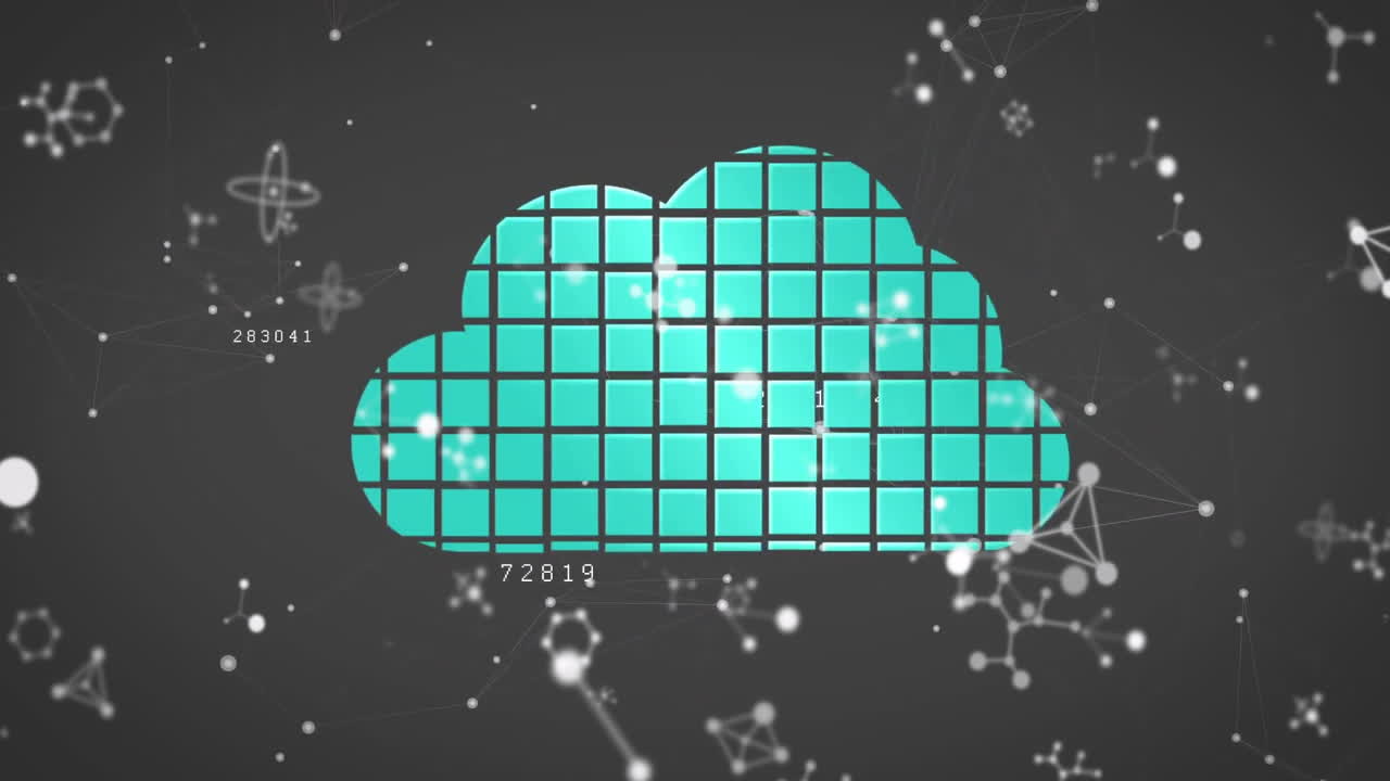Animation of turquoise blocks forming digital cloud with network connections