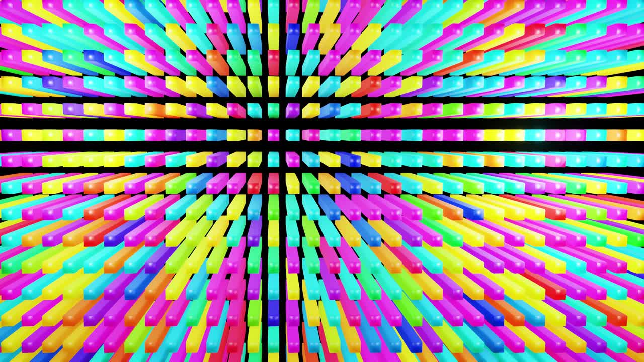 fondo geométrico simple abstracto 3d con rectángulos giratorios multicolores como bombillas que parpadean luces de neón en 4k. animación en bucle suave. diseño de movimiento simple creativo bg con objetos 3d