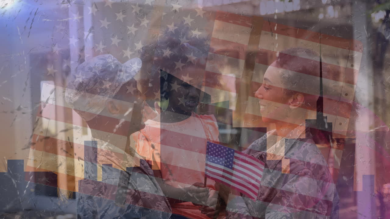 animación de soldados con su hija sobre la bandera estadounidense