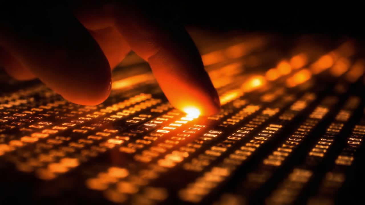 A Close-Up View of a Finger Gently Touching an Illuminated Matrix of Numeric Data, Highlighting the Interaction Between Technology and Humanity in a Digital World