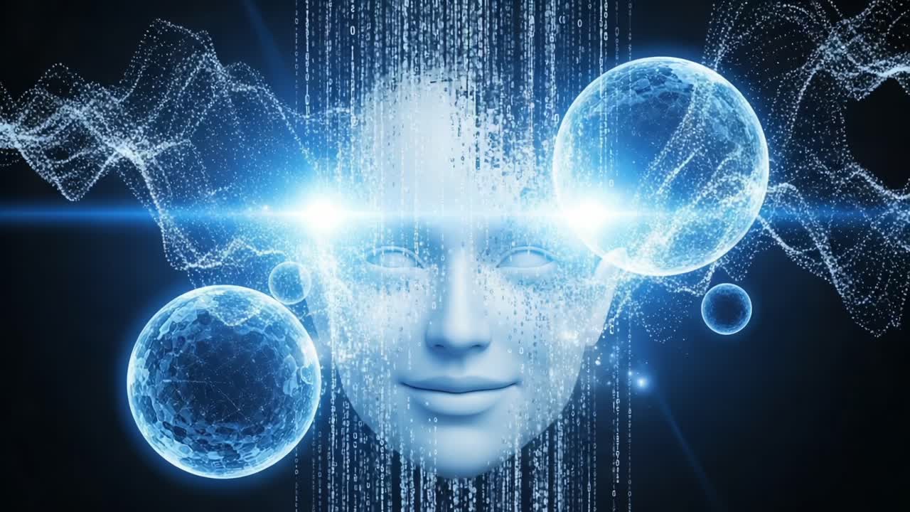 A Surreal Digital Face Surrounded by Floating Spheres and Abstract Patterns, Representing Advanced Technology and Artificial Intelligence in a Futuristic Setting