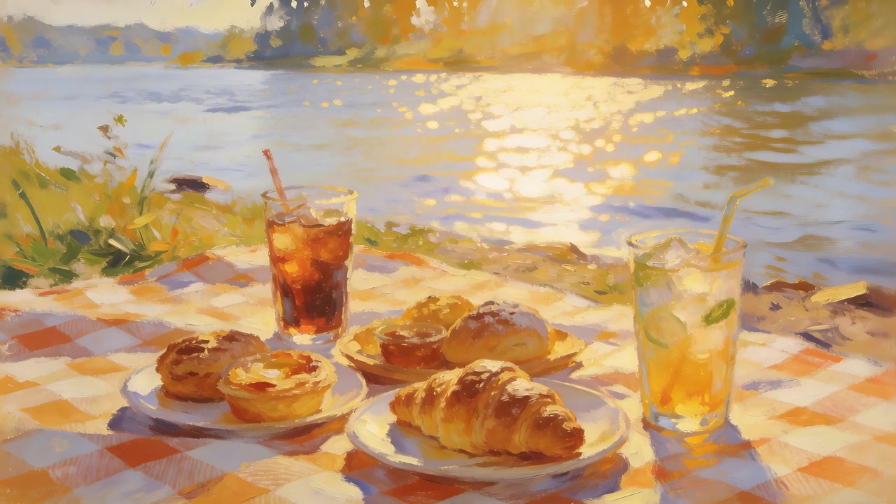Rückwärtsfahrt der Kamera, die ein Picknick am Flussufer mit Croissant und gekühlten Getränken auf einem karierten Tuch zeigt.