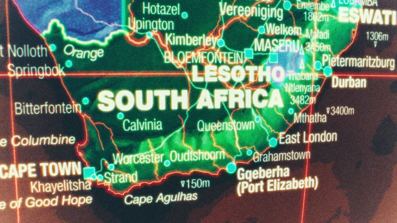 A close-up, glowing digital map of South Africa, highlighting major cities and neighboring countries like Lesotho and Eswatini