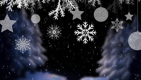 Digital-animation-of-snow-falling-over-christmas-star-and-bauble-decorations