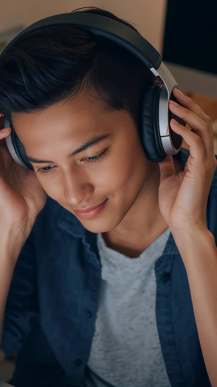 Vertical video: Bringing headphones to head Asian man adjusting at desk for listening, denim shirt