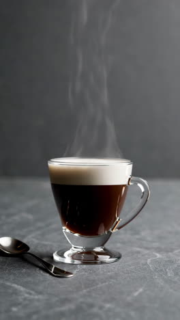 steaming hot coffee in a glass mug with foam