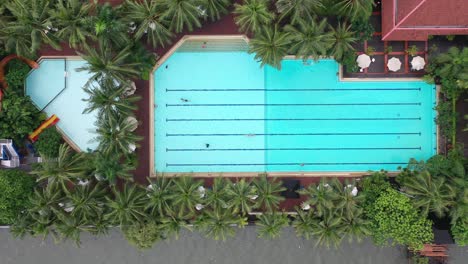 aerial view of a tropical resort swimming pool