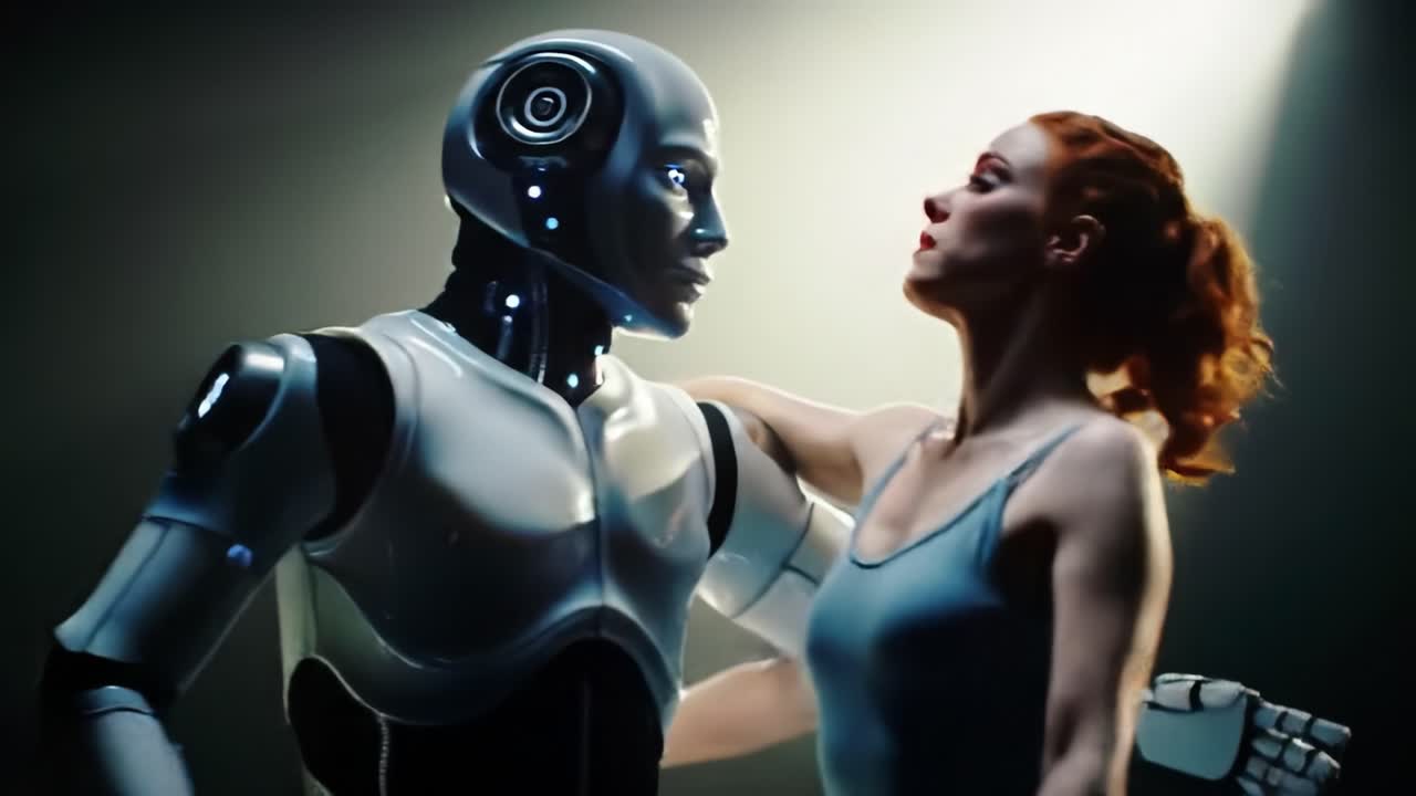 A dancer engages with a humanoid robot in a mesmerizing performance that explores the connection between technology and human emotion, set against dramatic lighting.