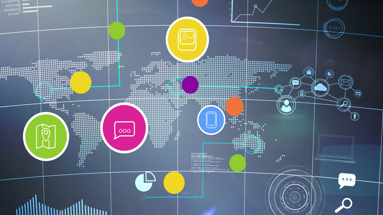 animación de iconos digitales sobre el mapa del mundo en el fondo