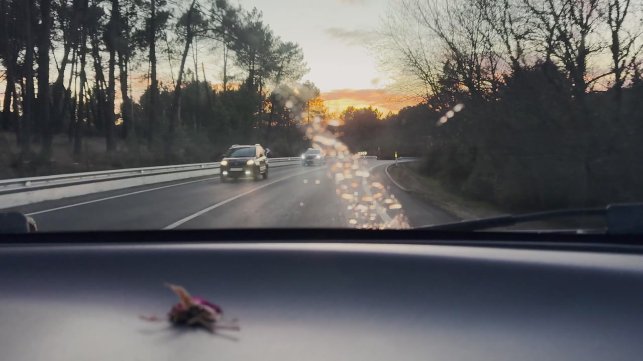 Slow motion view from inside a moving car showing dashboard with a flower, road traffic ahead and a dramatic sunset with warm yellow and orange colors behind clouds.