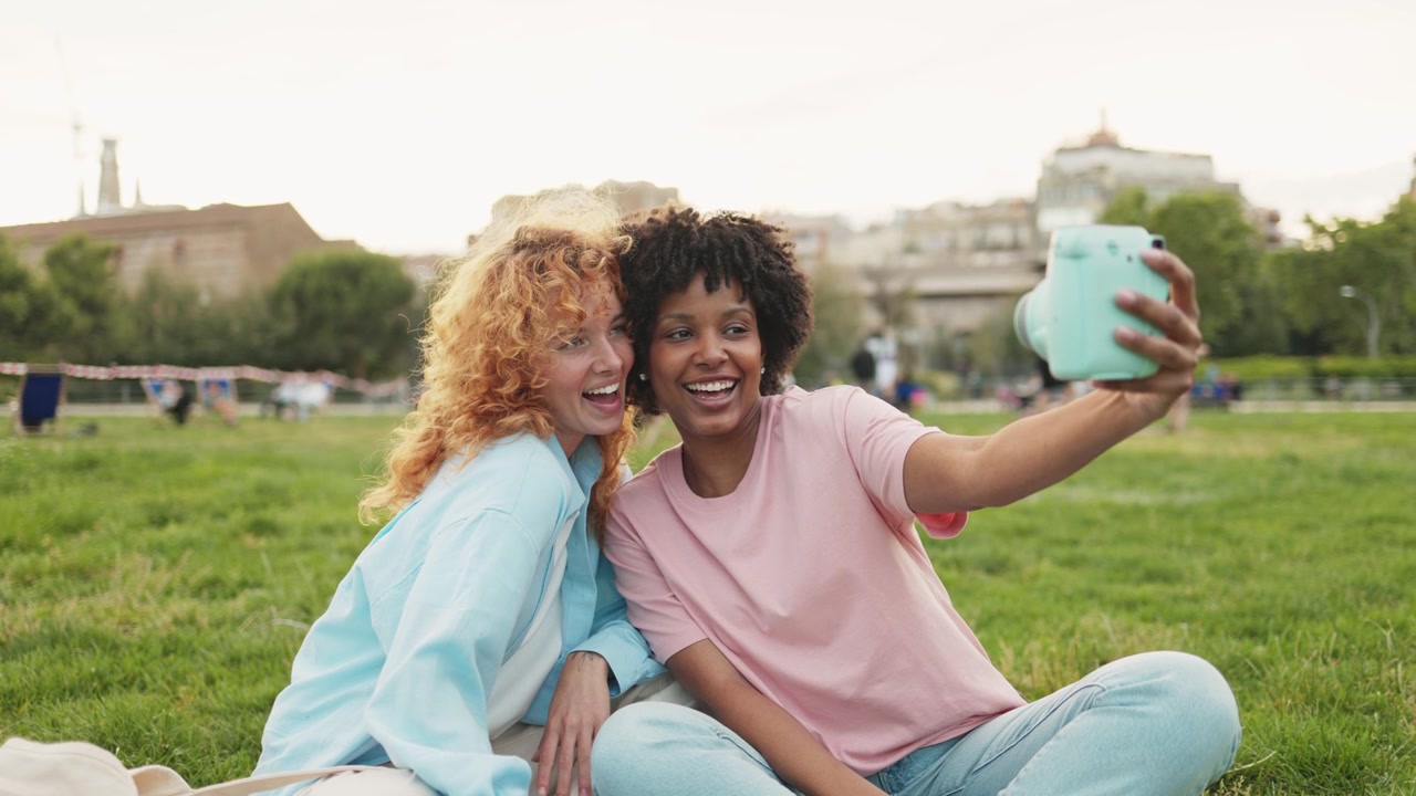 Due giovani donne felici che si scattano un selfie con una fotocamera istantanea in un parco
