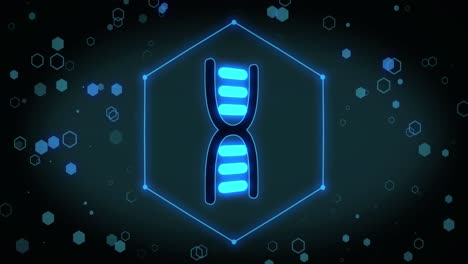 Animation-of-dna-strand-icon-over-hexagons-on-black-background