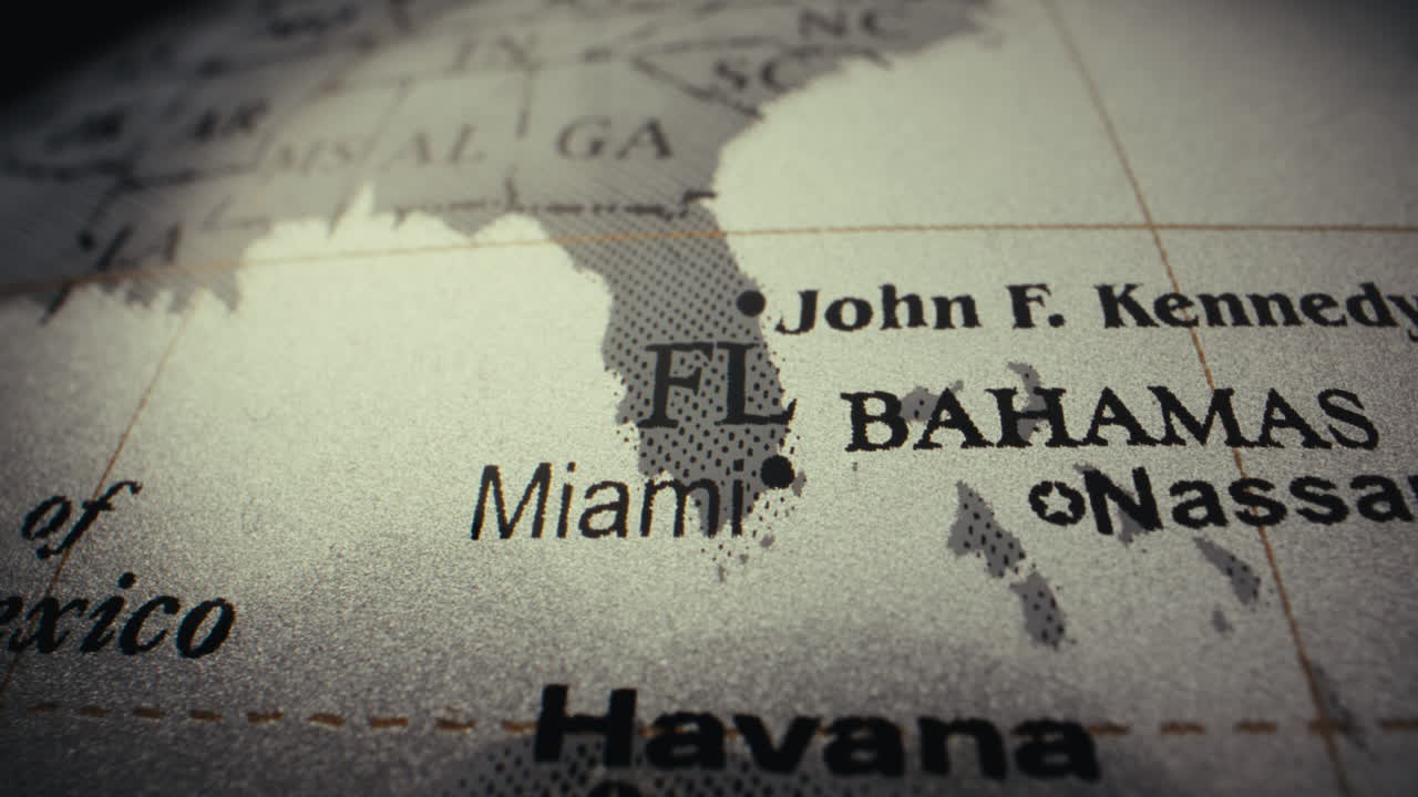 Close-up view of a world map, showing Florida and the Bahamas.