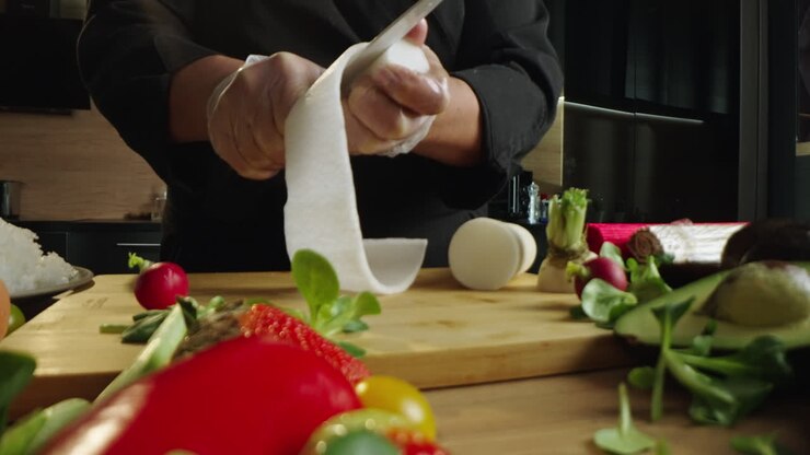 Chef che sbuccia il ravanello daikon per la preparazione del cibo