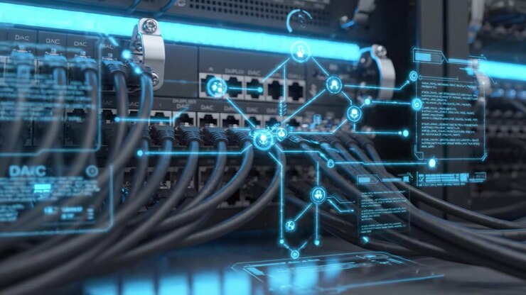 A High-Tech Server Rack with Complex Wiring and Data Visualizations Highlighting Connectivity and Network Functionality in a Modern Data Center Environment