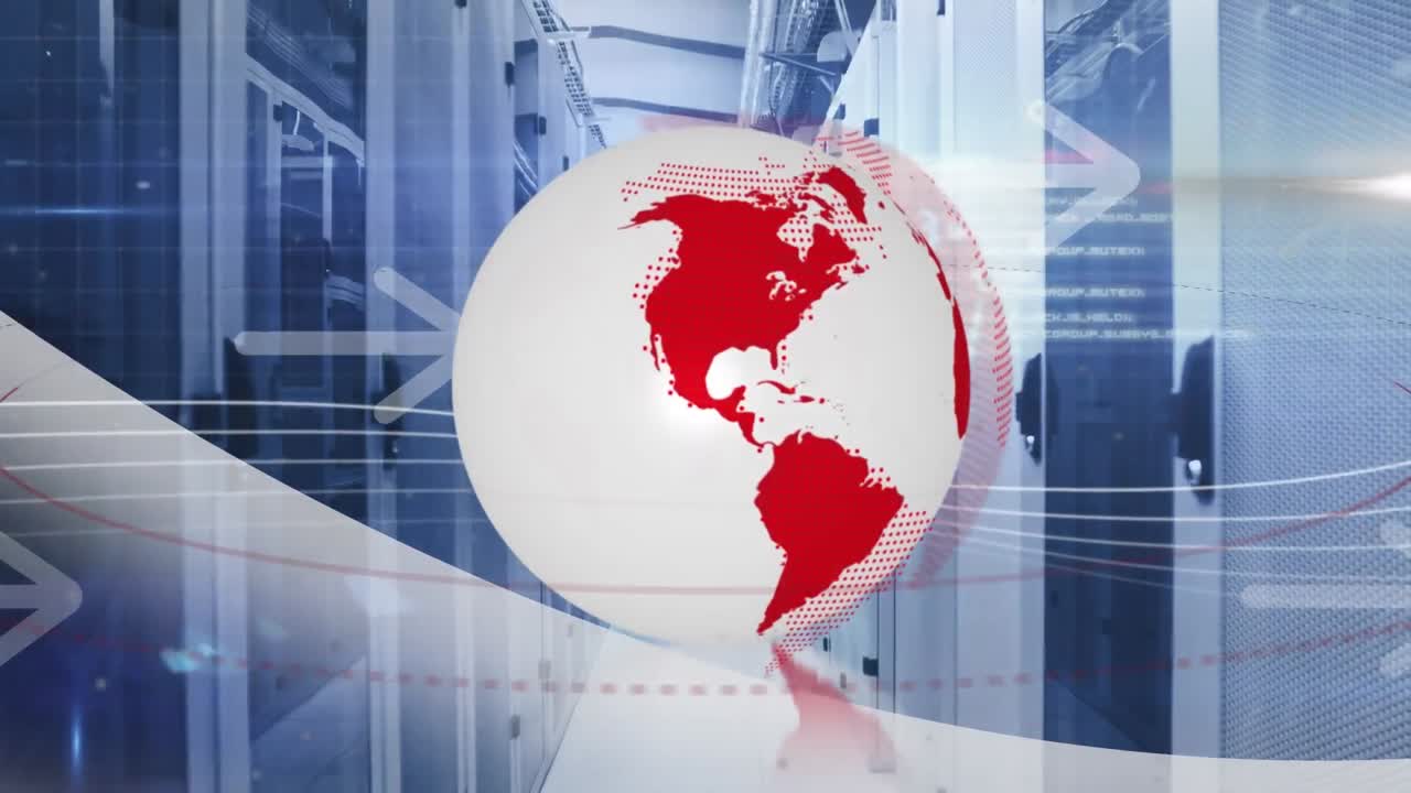 animación del globo, flechas y procesamiento de datos a través de servidores informáticos