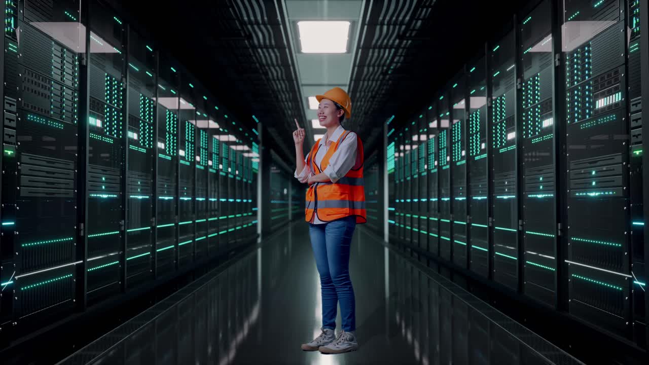 Full Body Side View Of Asian Female Engineer With Safety Helmet Thinking And Looking Around Then Raising Her Index Finger While Standing in Server Room Data Center