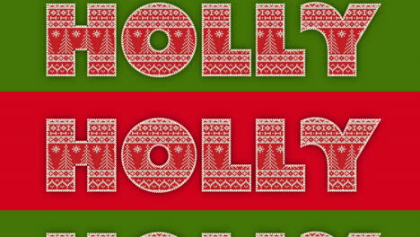 animation of holly text at christmas on red and green background