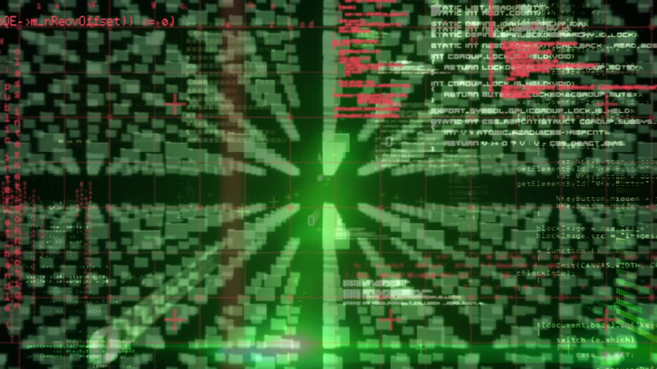 검은색 배경에 데이터 처리를 통해 빨간색 모양과 아이콘의 애니메이션