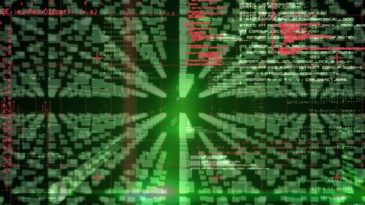 Animatie van rode vormen en pictogrammen over gegevensverwerking op een zwarte achtergrond