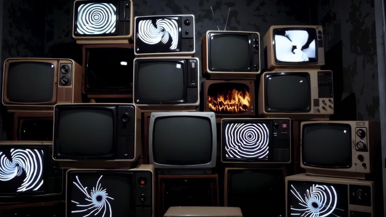 빈티지 텔레비전 벽에 쌓인 벽화