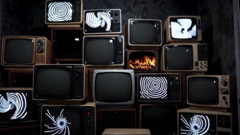 televisores antiguos apilados arte de la pared