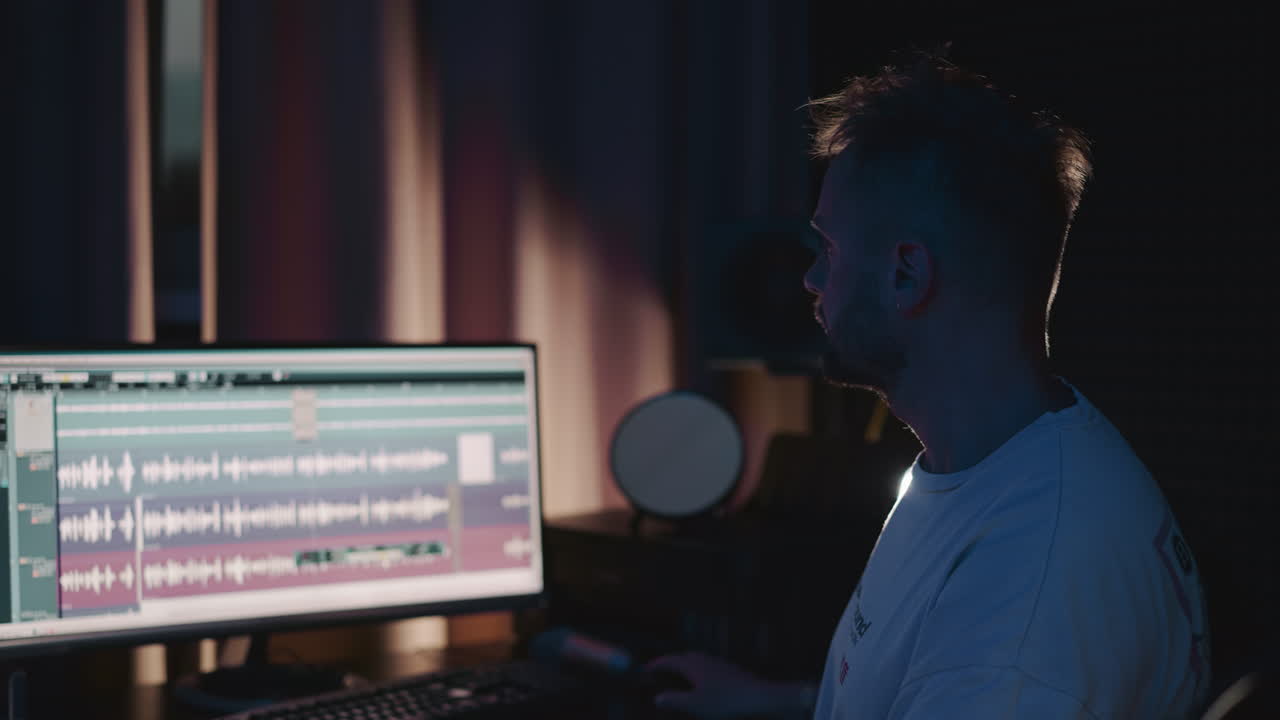 el productor de audio mira la pantalla en el estudio. el hombre experto ensambla las pistas en el estudio de grabación. los esfuerzos creativos del dedicado director musical