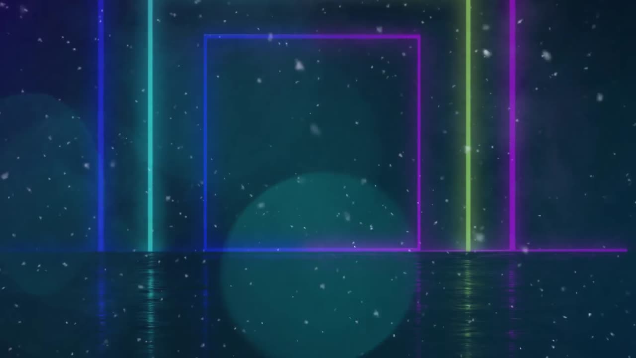 animación de cuadrados de neón y polvo sobre fondo azul oscuro