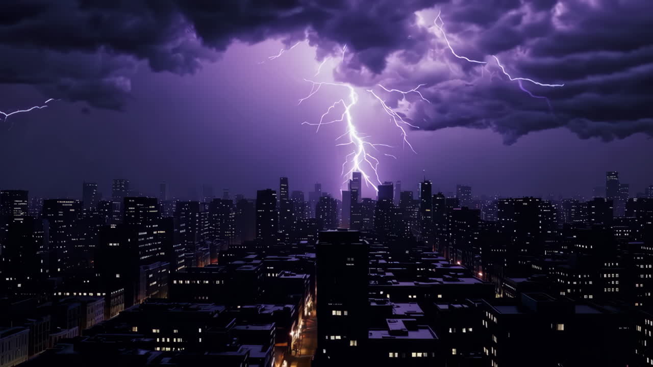 Lightning Strikes City Skyline at Night During Thunderstorm