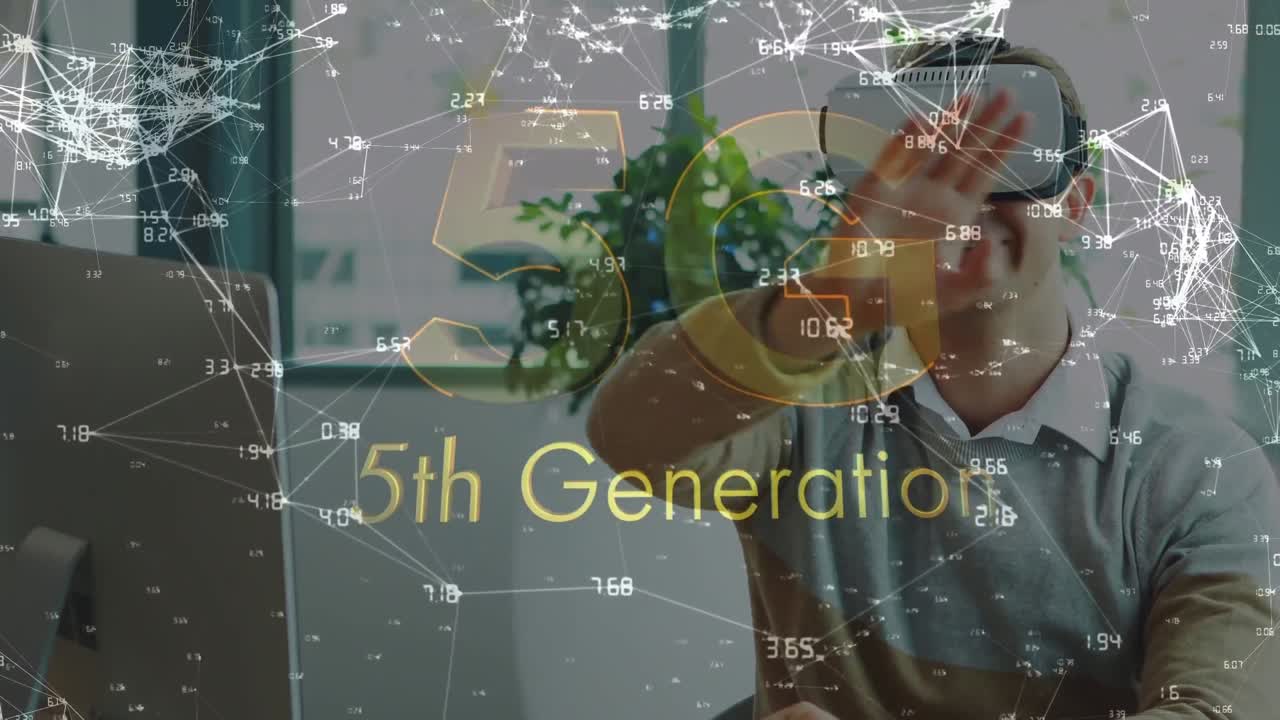 Animation of network of connections and 5g over caucasian businessman using vr headset