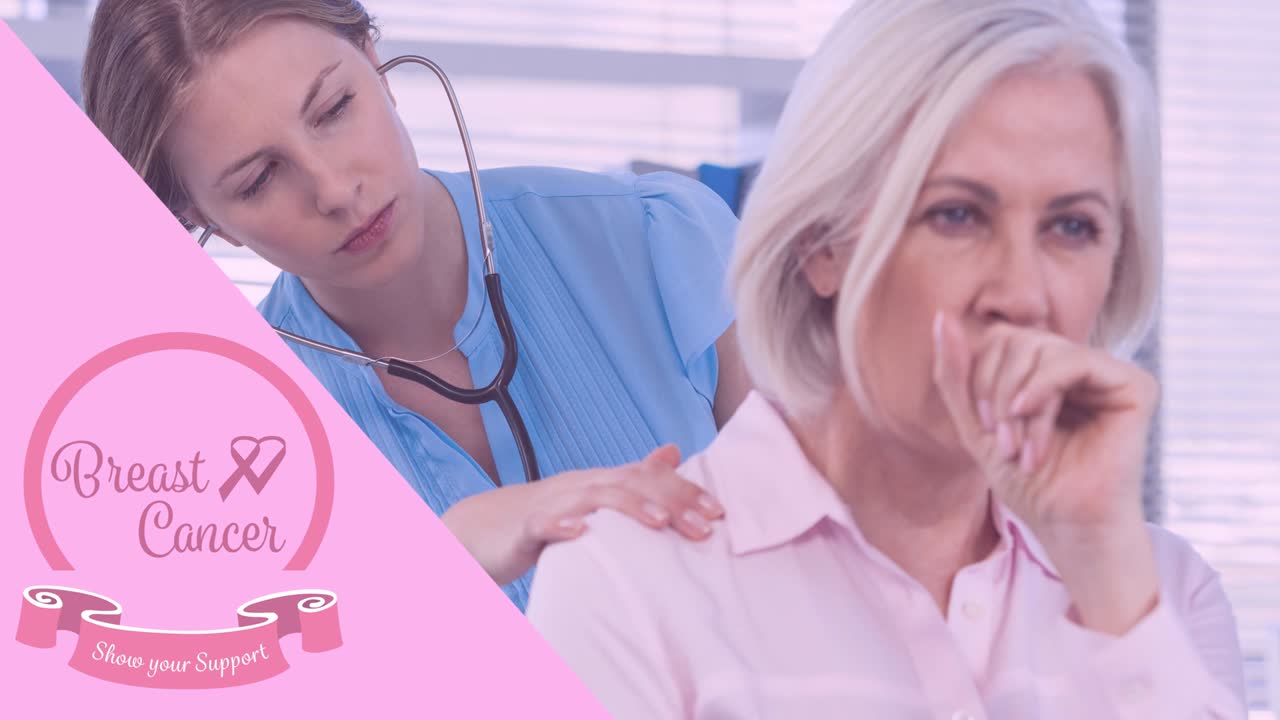 여성 의사와 환자 위에 유방암 텍스트가 있는 분홍색 리본 로고의 애니메이션