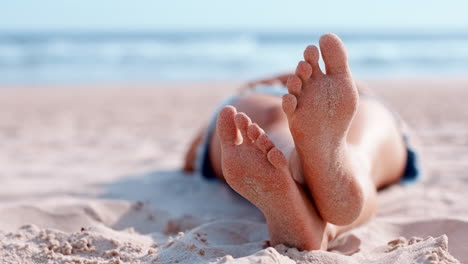 feet, sand and beach in relax for summer vacation