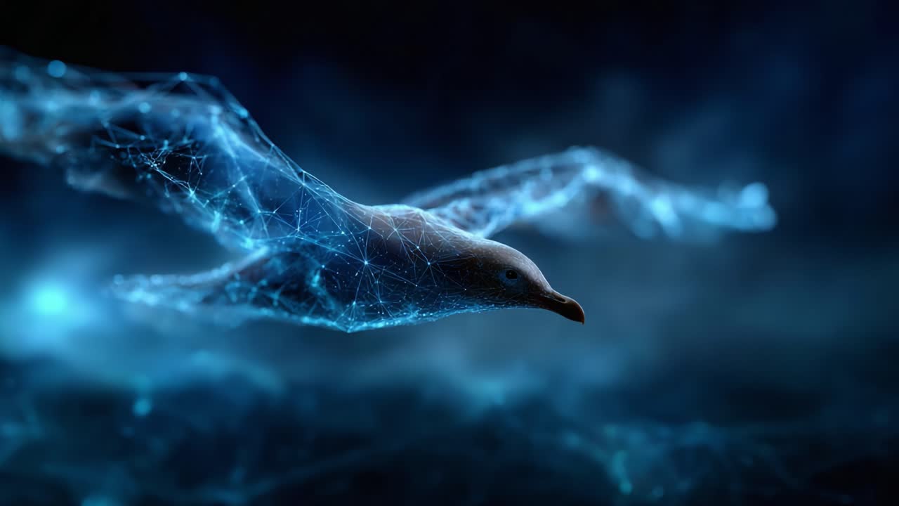 Una visualizzazione sorprendente di un uccello digitale in volo, che unisce natura e tecnologia con un'estetica futuristica di luce e connettività, a rappresentare libertà e innovazione