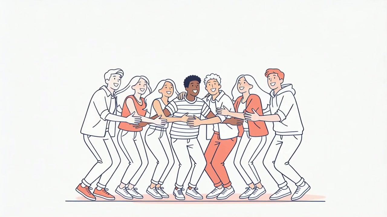 Reacting to cheer, seven friends jumping then closing ranks around striped shirt on studio baseline