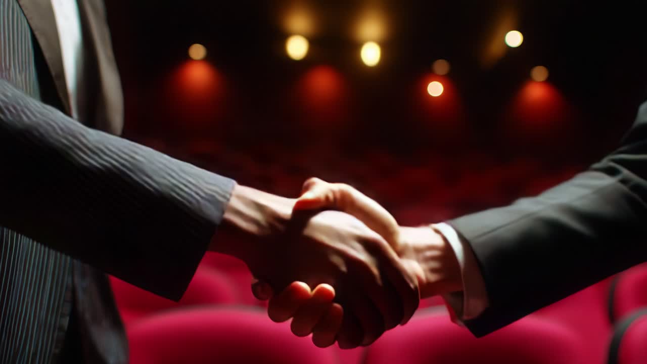 Un momento di connessione: due persone si stringono la mano con decisione, a simboleggiare fiducia e collaborazione in un ambiente professionale, circondati da lussuose poltrone rosse e luci soffuse