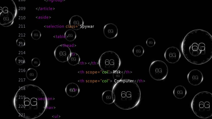 HTML code with bubbles containing 6G text animation