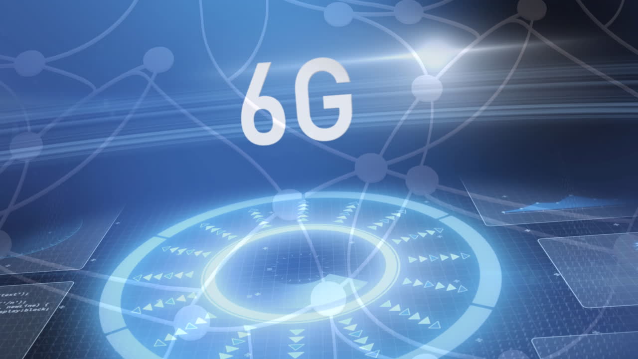 어두운 파란색 배경에 움직이는 범위와 네트워크와 함께 6g 텍스트와 반 ⁇ 이는 인터페이스의 애니메이션