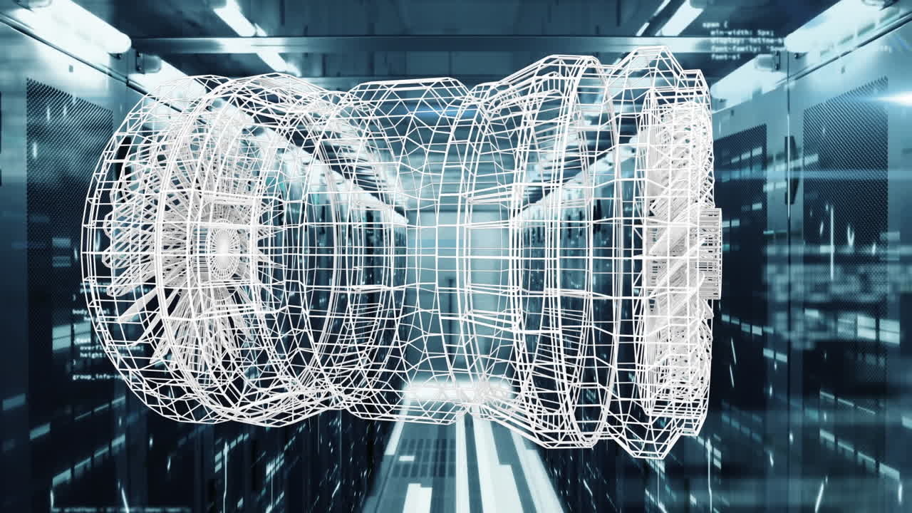 Animation of 3d cylindrical shape, data processing and mosaic sqaures against computer server room