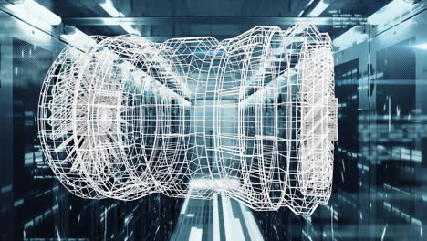 animación de formas cilíndricas 3d, procesamiento de datos y cuadros de mosaico contra la sala de servidores de computadoras