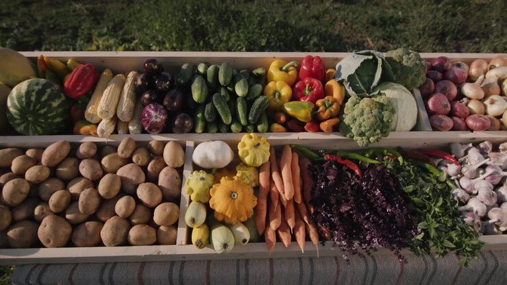 Counter with seasonal vegetables at the farmers' market 1