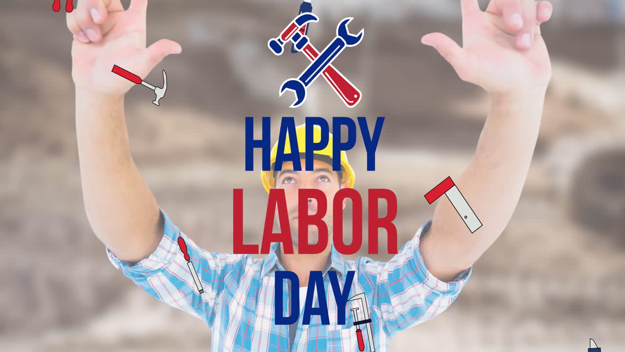 Animation of happy labor day text over caucasian male worker and tools icons