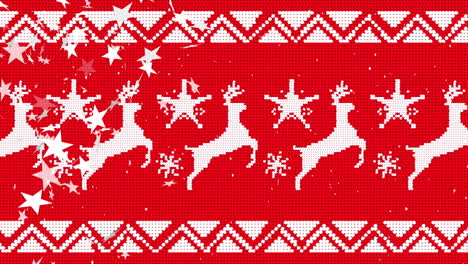 animation of white stars over christmas pattern on red background