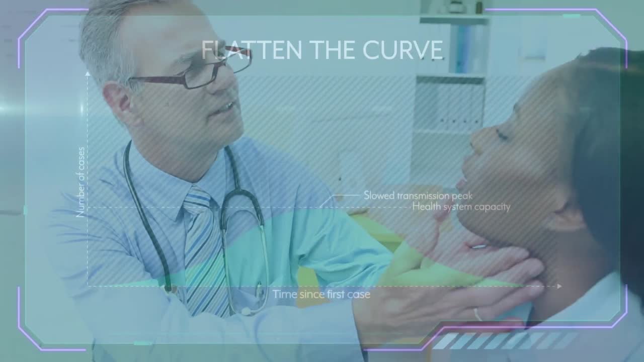 Interface with flatten the curve text over caucasian doctor inspecting african american patient