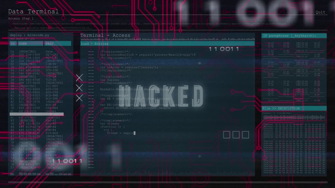 Animation of hacked text and data processing over computer motherboard