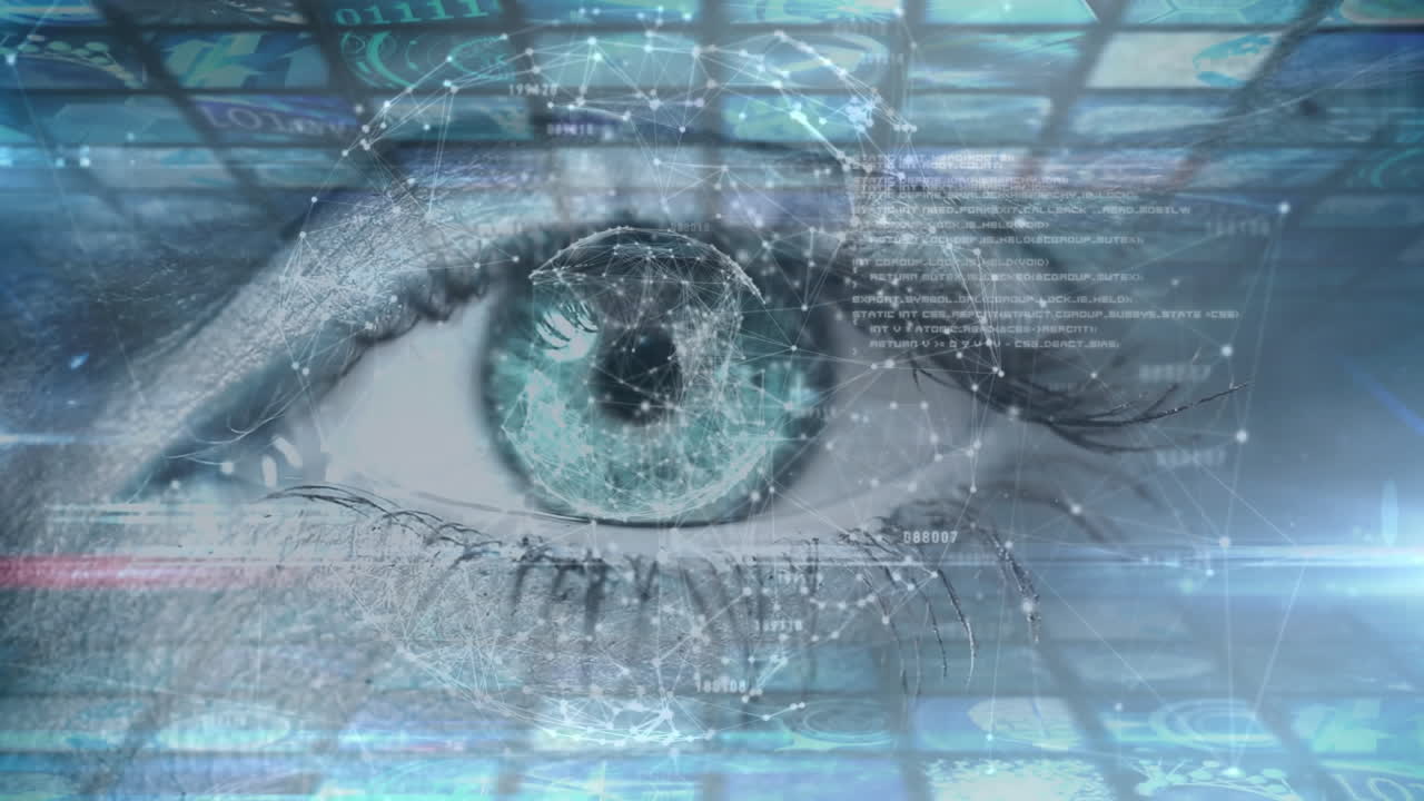 animazione di un&#x27;apertura dell&#x27;occhio con un globo di connessioni che gira su più schermi